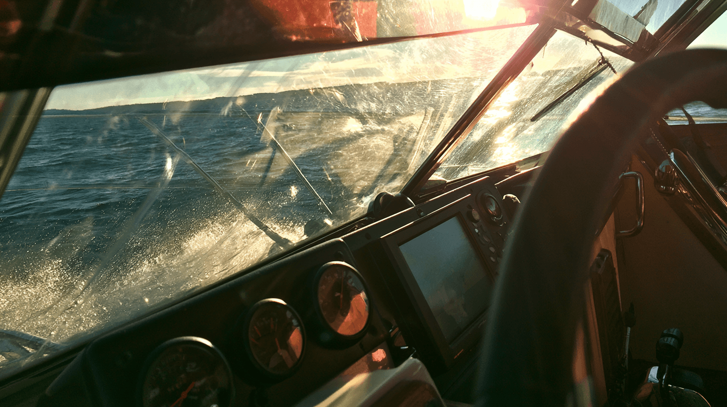 A boat helm dashboard photographed from the driver's seat while underway.
