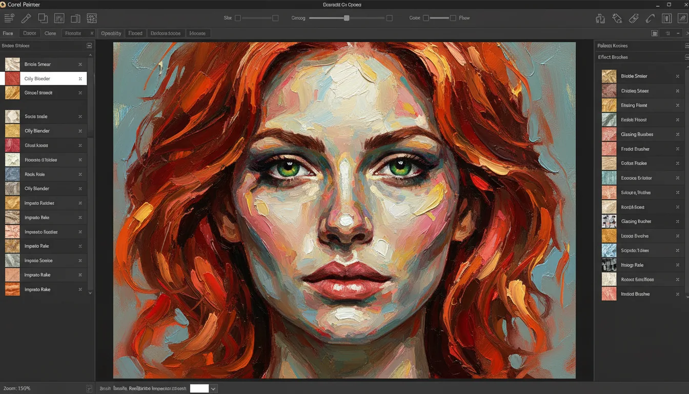 A screenshot of the Corel Painter digital art software in Modern Dark Mode. The interface has a charcoal gray theme with a top toolbar showing UI sliders and icons. The left and right sidebars are filled with lists of brush presets with abstracted text labels and preview icons. The central canvas displays a close-up, vibrant, and expressive impasto oil painting of a woman's face with fiery red hair, piercing green eyes, and multicolored skin tones painted with thick, visible palette knife strokes in shades of blue, pink, and yellow.