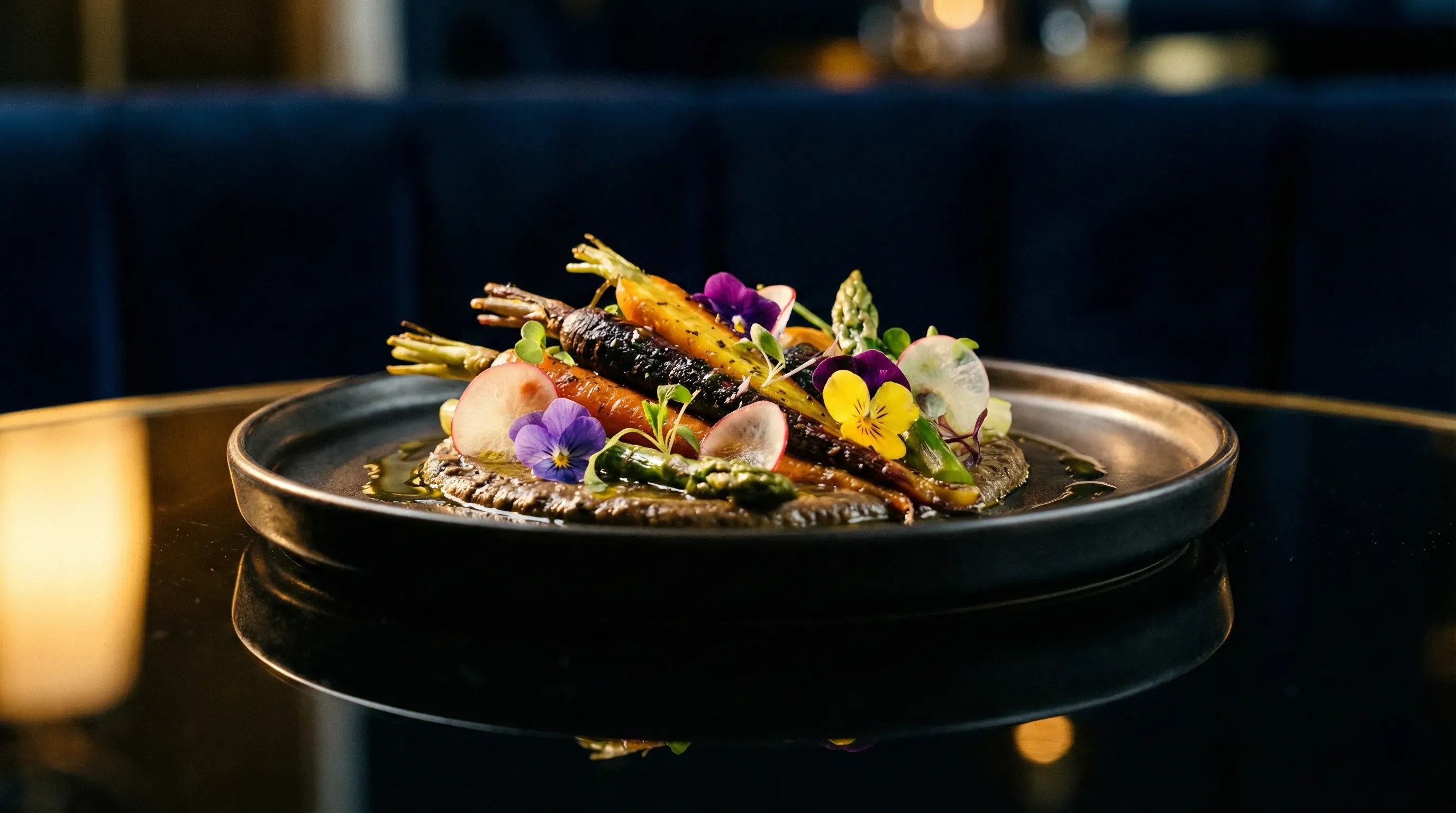 A gourmet dish of roasted carrots, asparagus, and radishes garnished with vibrant edible flowers on a dark plate, set against a dimly lit elegant background.
