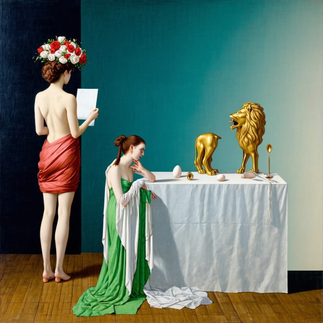 Zeitgenössisches realistisches Gemälde Zwei Frauen in antikisierenden Gewändern – eine von hinten mit Blumenkranz im Haar, die ein Papier liest, eine zweite in Grün, die sich über einen Tisch beugt.