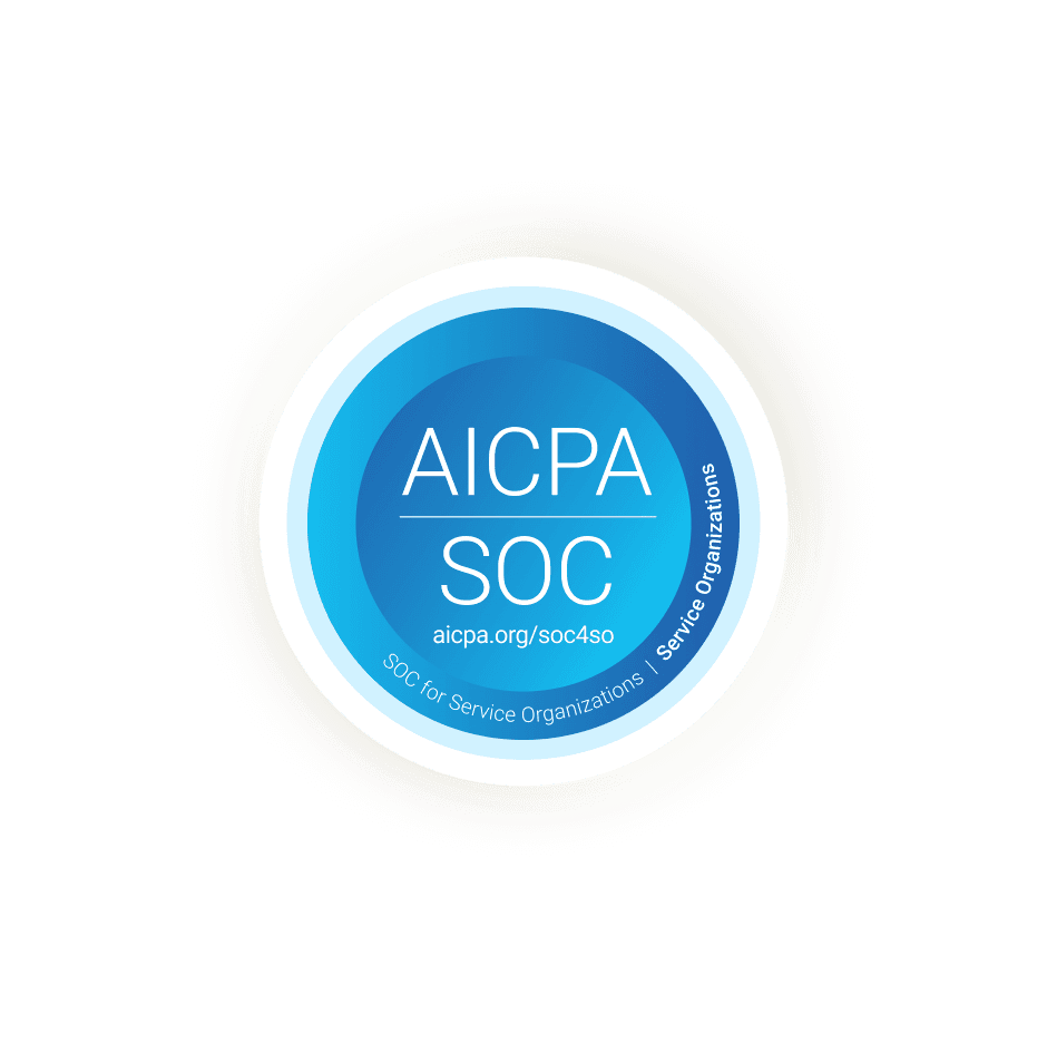 Blue circular badge with white text "AICPA SOC" at the center. Outer circle reads "SOC for Service Organizations | Service Organizations." Calm and professional tone.