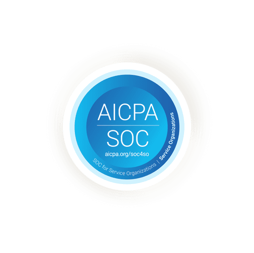 Blue circular badge with white text "AICPA SOC" at the center. Outer circle reads "SOC for Service Organizations | Service Organizations." Calm and professional tone.