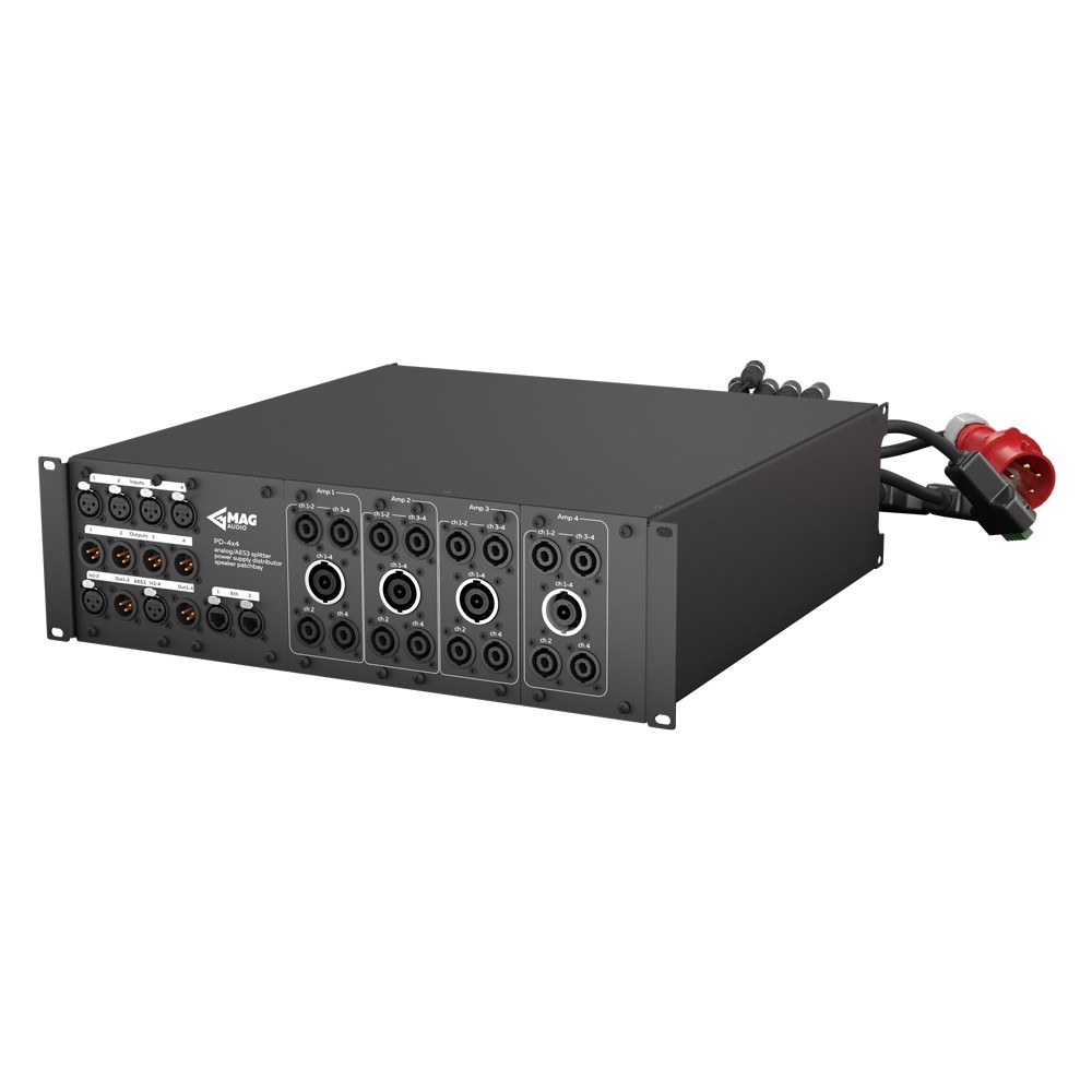 Black audio splitter with multiple XLR and Speakon 
connectors and a red plug.