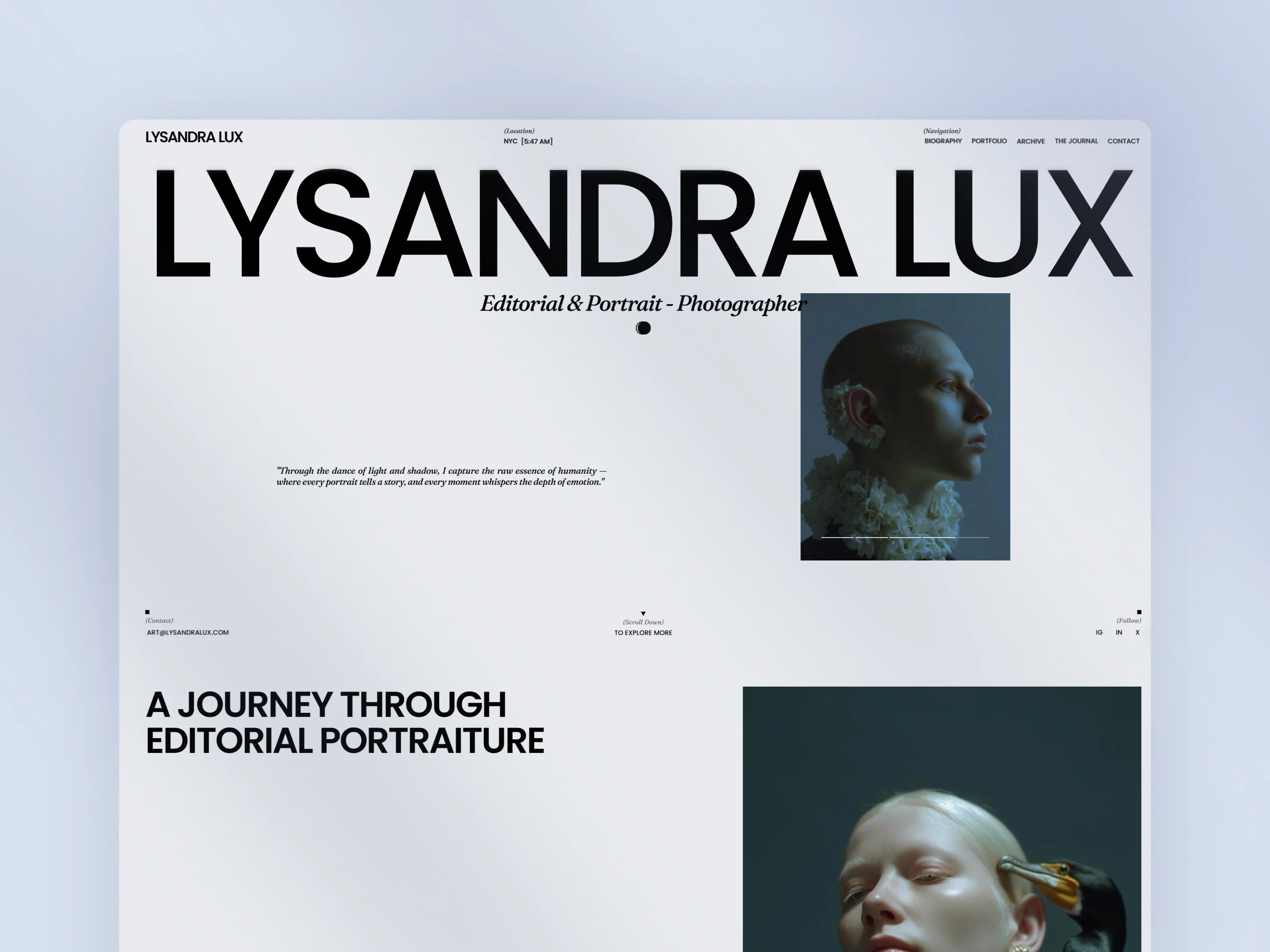 Minimalist website design for Lysandra featuring bold text and moody editorial portraits.