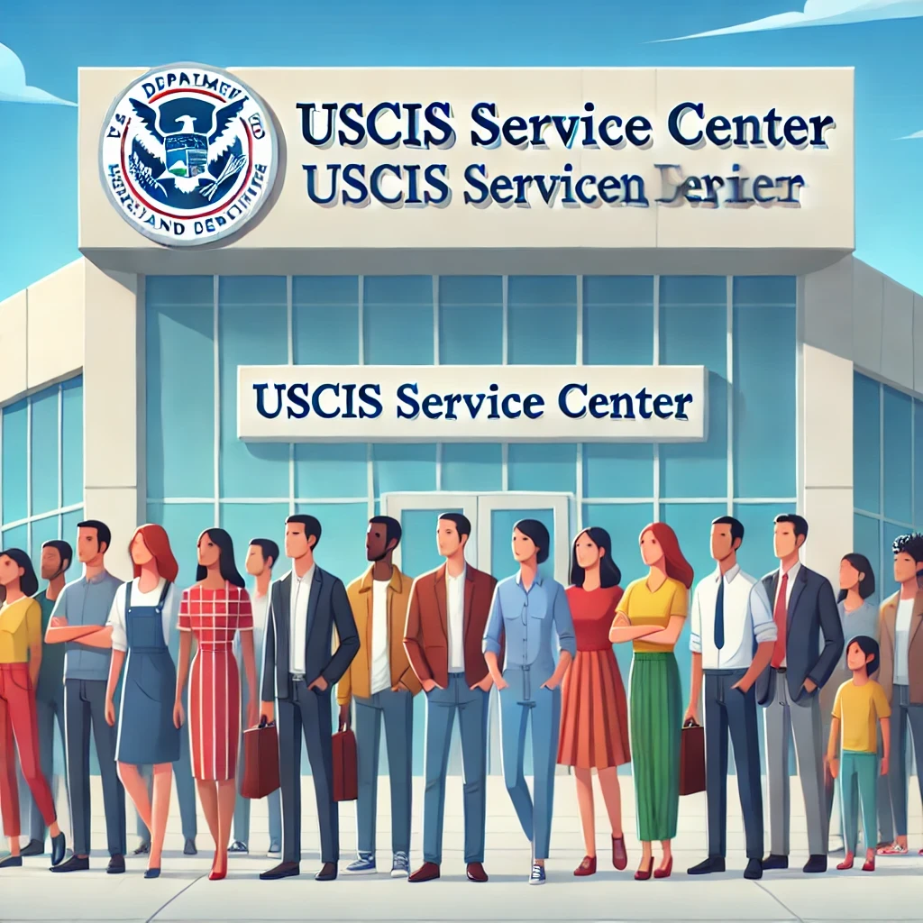 A diverse group of people standing in front of a USCIS Service Center building. The people look hopeful and united, symbolizing the start of their immigration journey. The USCIS Service Center building has clear signage indicating its purpose, with a welcoming and professional atmosphere and bright, clear skies in the background.