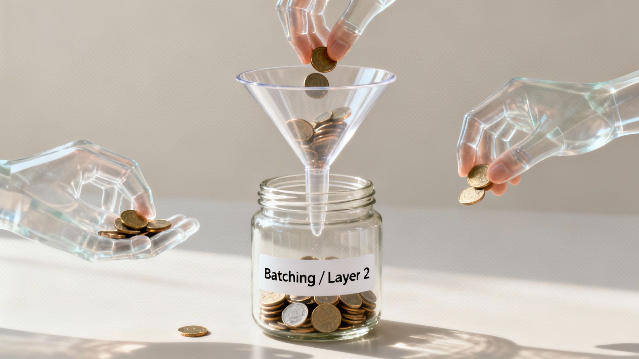 Transparent robotic hands funnel coins into a 'Batching / Layer 2' jar.