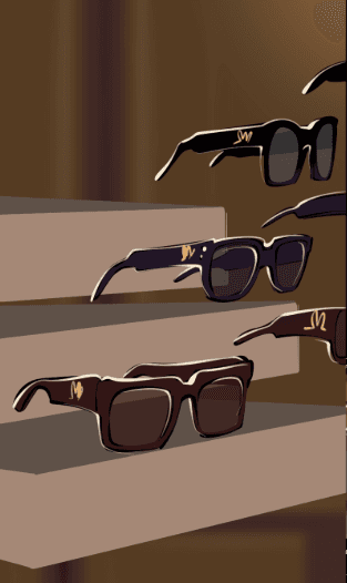 A close-up storyboard view shows three different pairs of luxury sunglasses arranged on tiered shelves