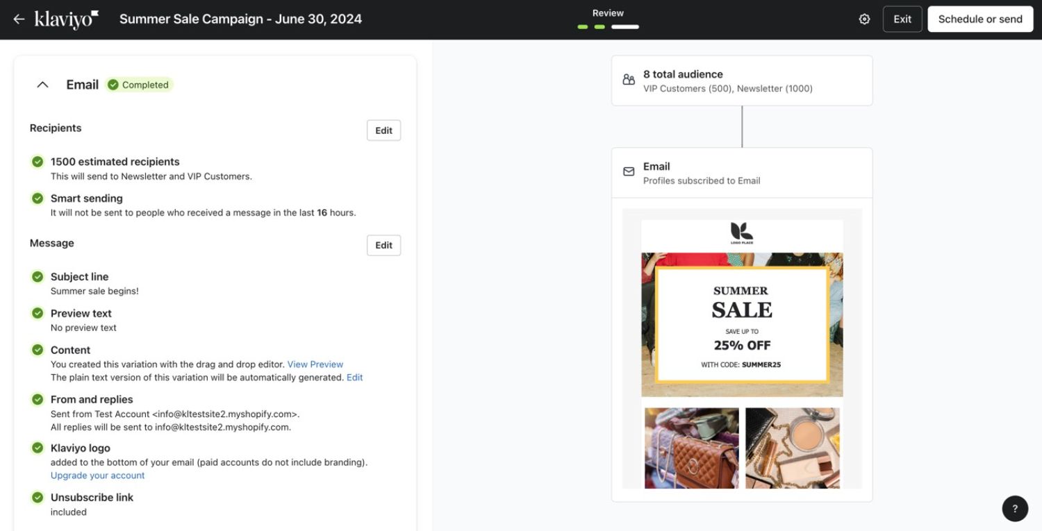 Review Schedule or Send: Campaign scheduling screen in Klaviyo for a Summer Sale campaign with options to edit recipients, message content, and sending preferences.