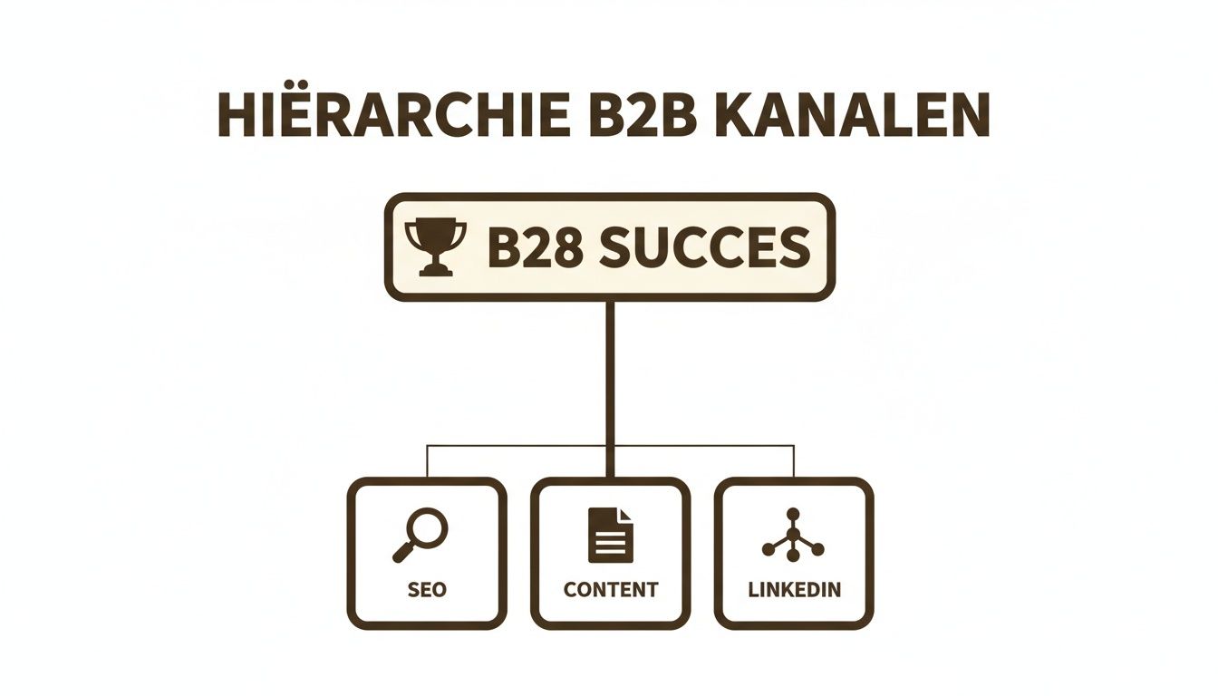 Een hiërarchisch diagram van B2B kanalen. Bovenin staat B2B Succes, ondersteund door SEO, Content en LinkedIn.