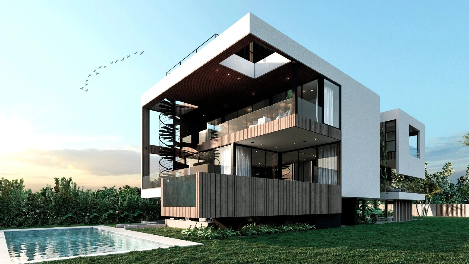 Three-story modern home exterior with spiral staircase and pool, Bayside Lane Miami Beach
