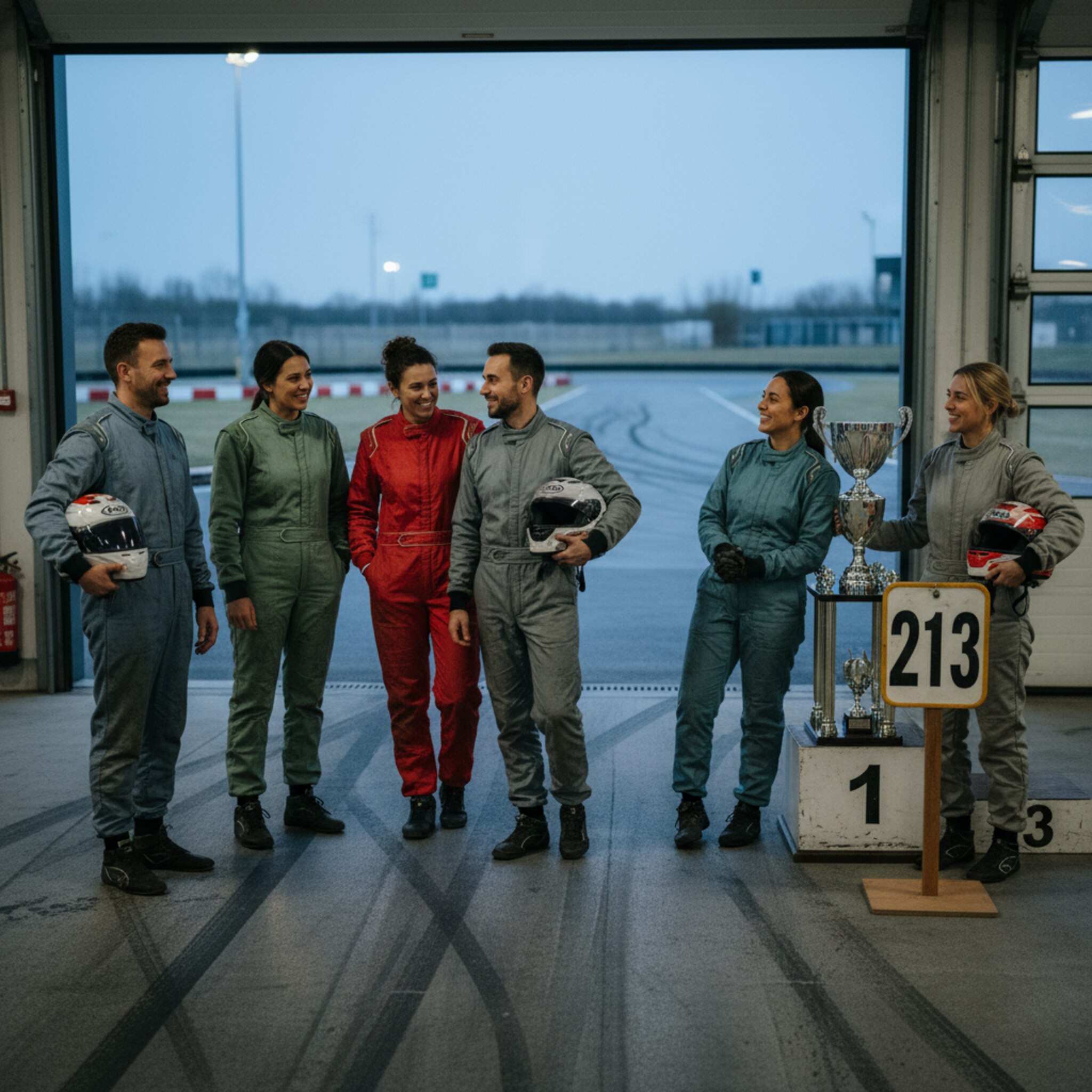 Eine Gruppe von Kolleginnen und Kollegen klatscht sich nach einem Lauf ab, die Overalls leicht staubig. Auf einem hohen Podest glänzen Pokale, daneben prangt eine Startnummerntafel. Durch das offene Tor sieht man die Strecke in der Dämmerung, die Luft wirkt kühl und klar, ein feiner Geruch von Gummi liegt in der Szene.