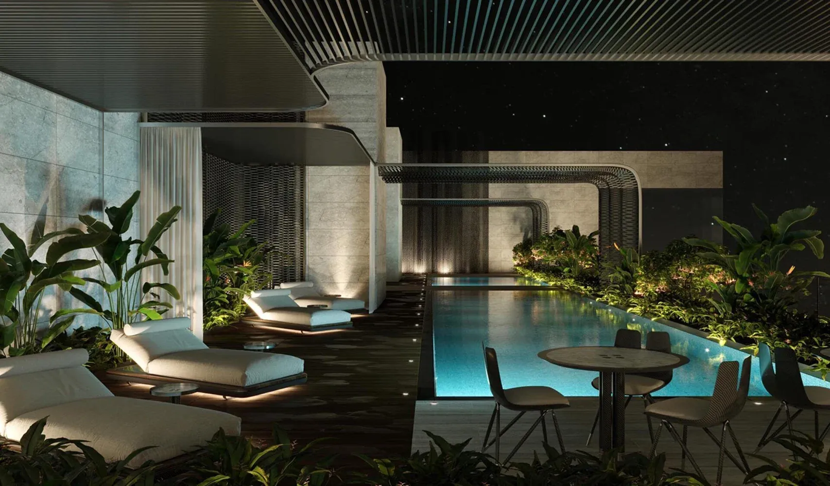 The Aster Apartments' living room showcases a panoramic view of the ocean through expansive windows.