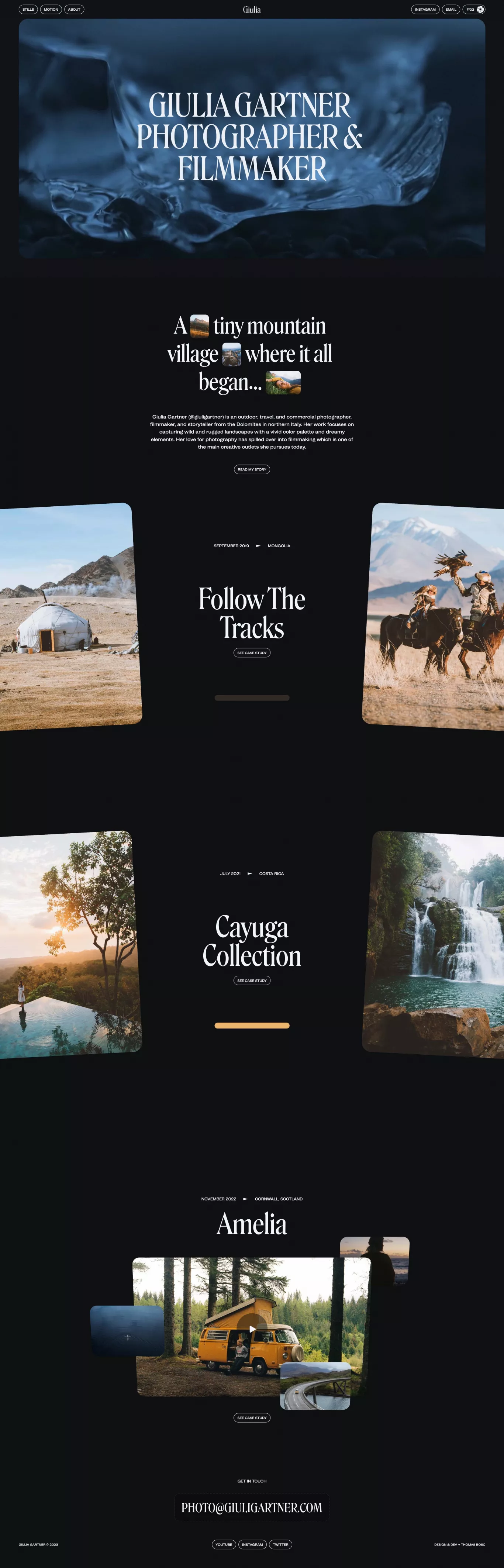 Giulia Gartner portfolio page screenshot showcasing Photography and Art design