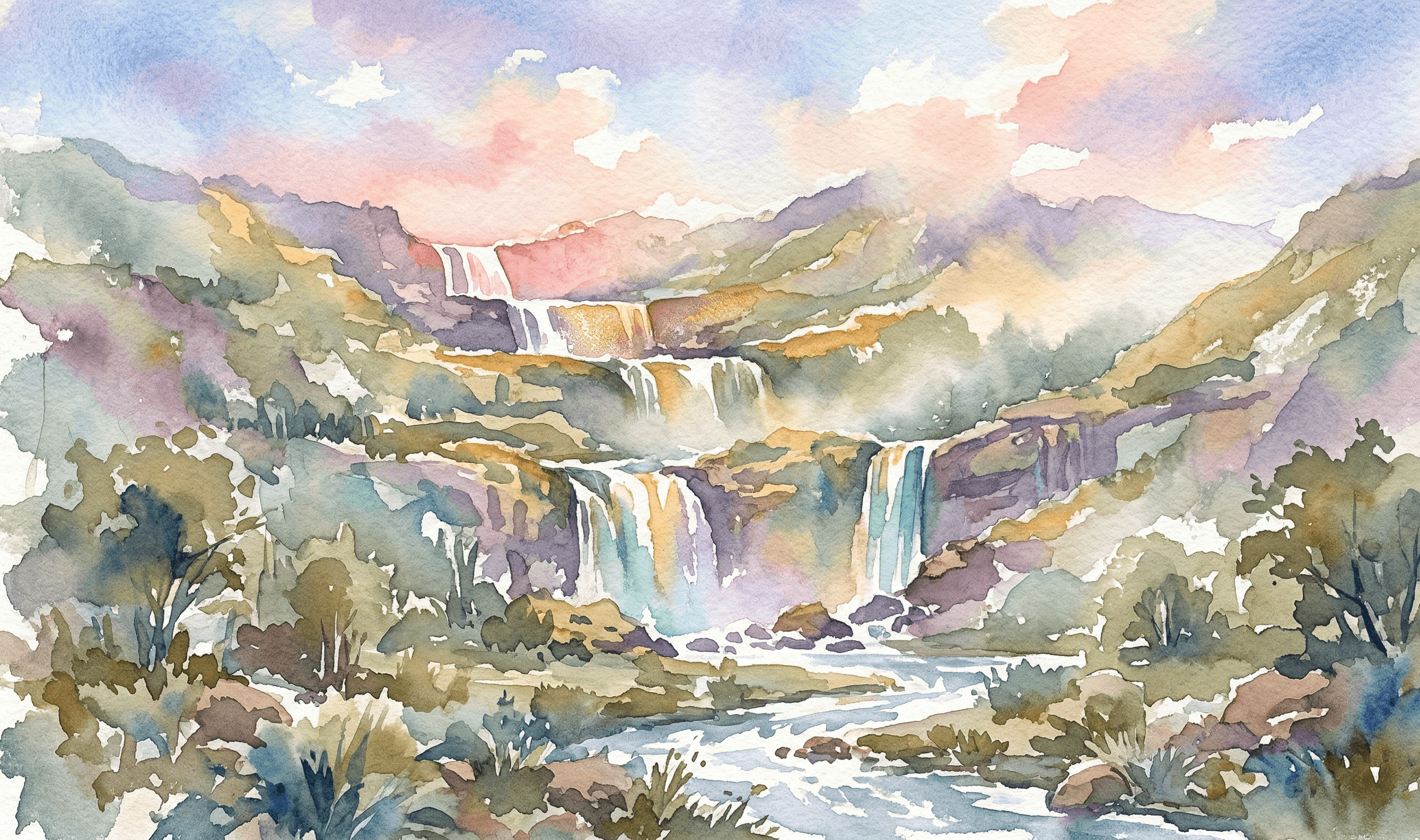 Watercolor six waterfalls cascading down a green mountainside catching colored light
