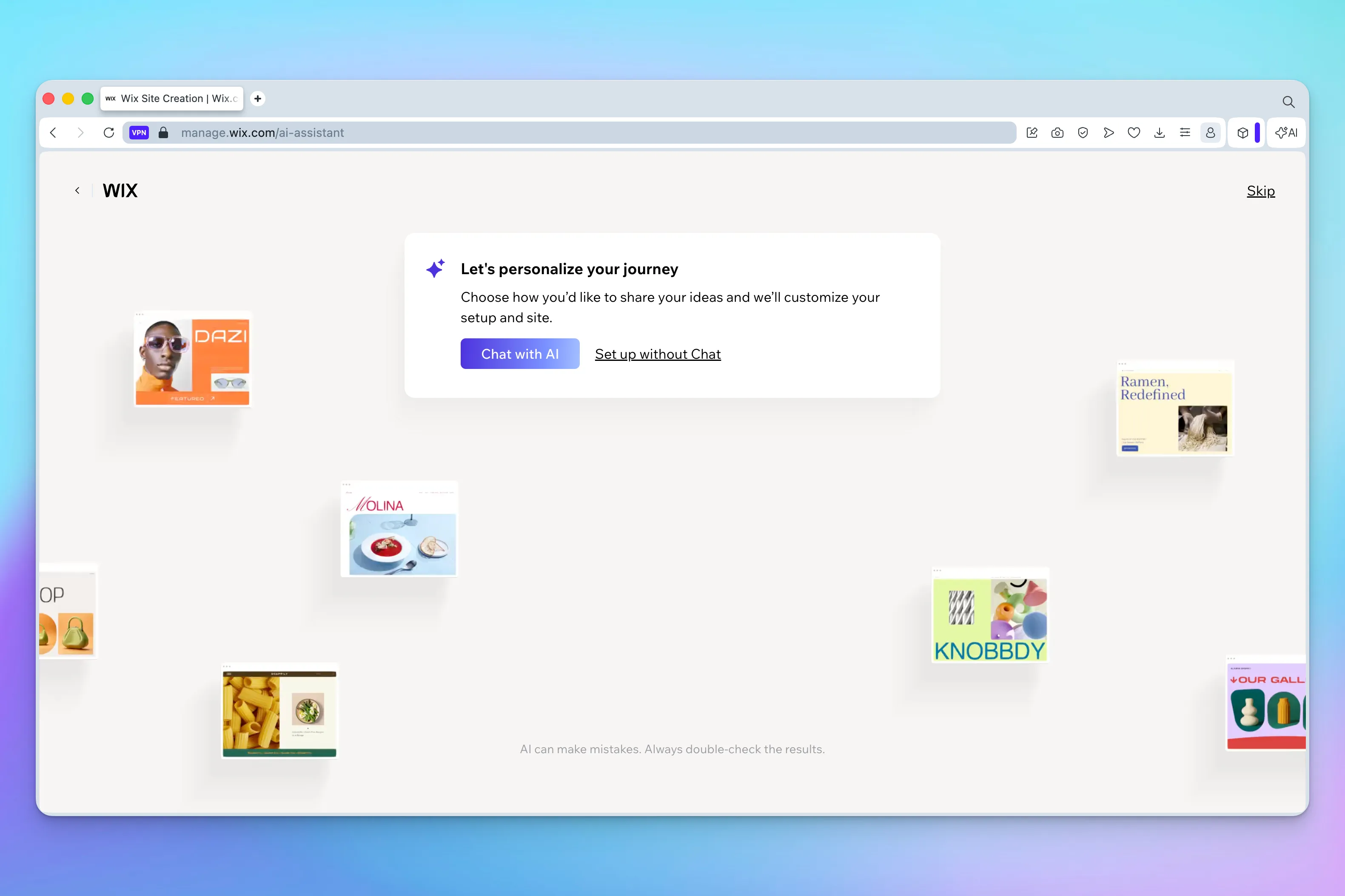 Wix "Chat with AI" to build a website