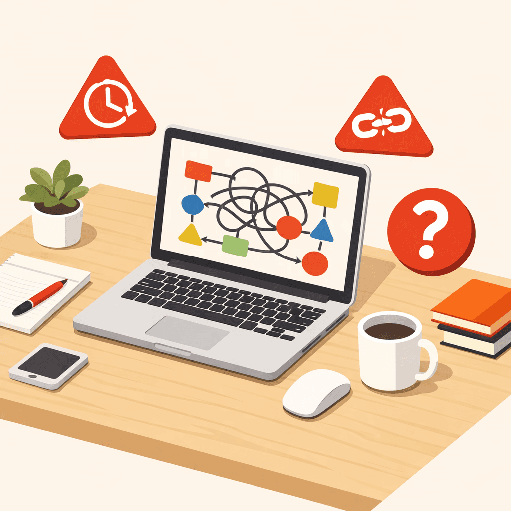 Laptop displaying workflow graphics representing complex, manual business processes and operational inefficiencies