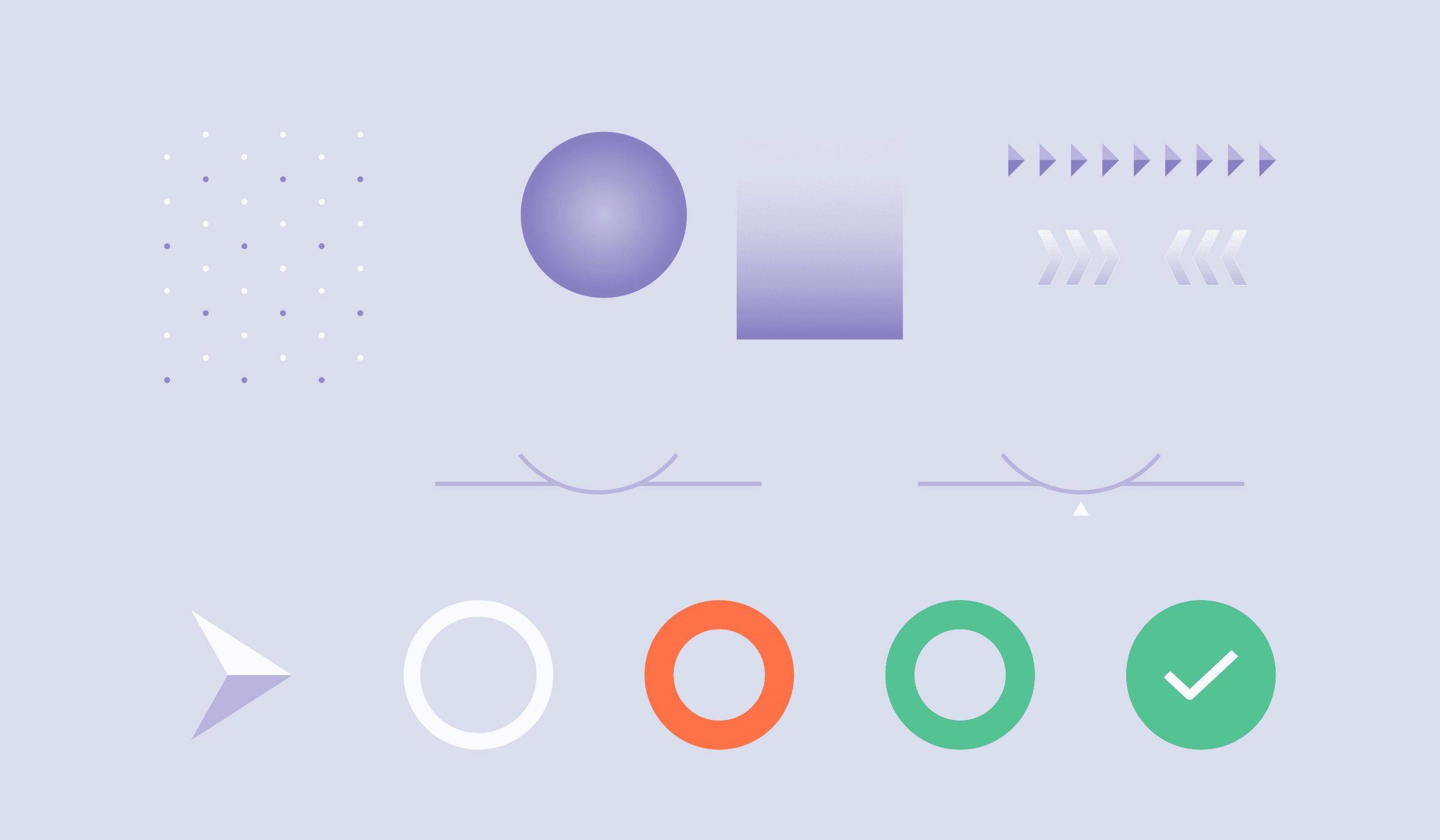 AR scanning design system elements showing the full set of visual primitives: dot grid pattern, sphere and square shapes, forward and backward arrow sequences, wheel alignment guides, a directional arrow, and the ring states progressing from white to orange to green to confirmed.