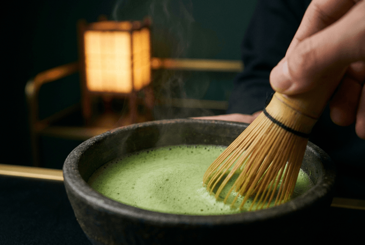 A bamboo whisk raising a fine foam on a bowl of matcha