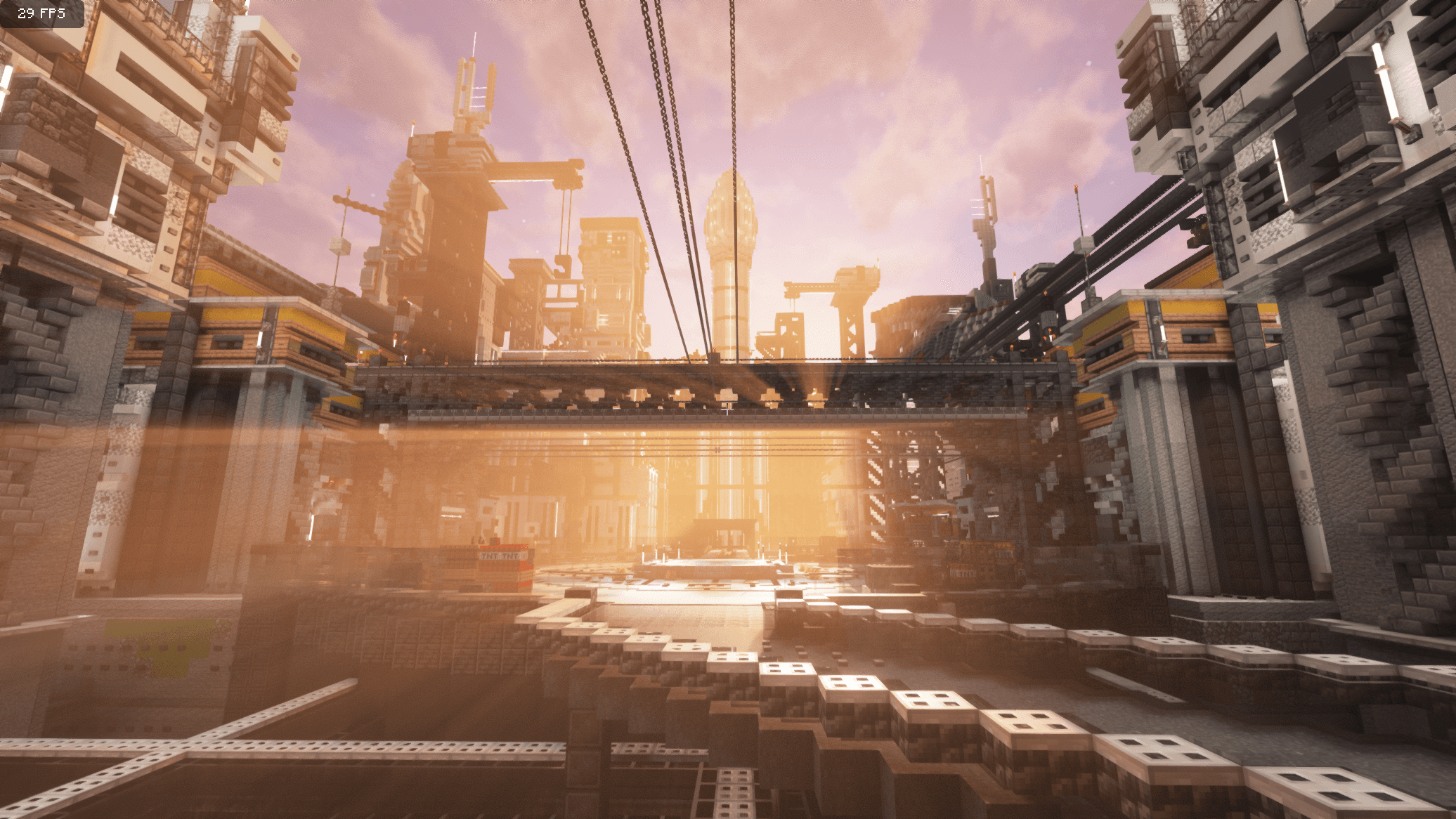 Created by Dexity, a Minecraft service build team that is an official Minecraft partner. a 600x600 cyberpunk 2077 themed spawn that functions as a lobby surrounded by lush terrain in a warzone that contains many regions and biomes