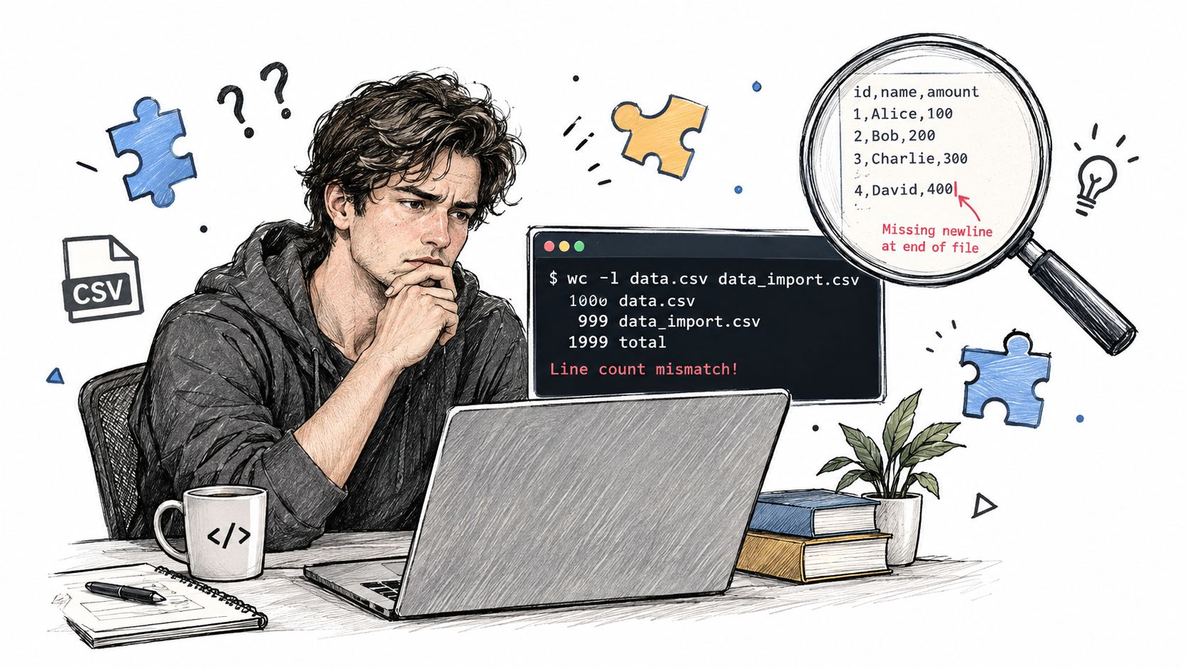 A young programmer feeling confused while debugging a CSV file line count mismatch issue on his laptop.