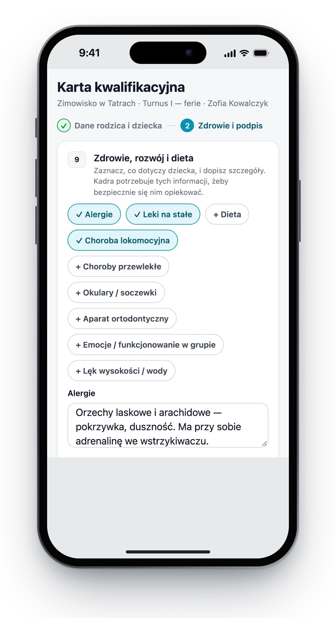 Telefon z krokiem zdrowie w karcie kwalifikacyjnej online: alergie, leki, choroba lokomocyjna