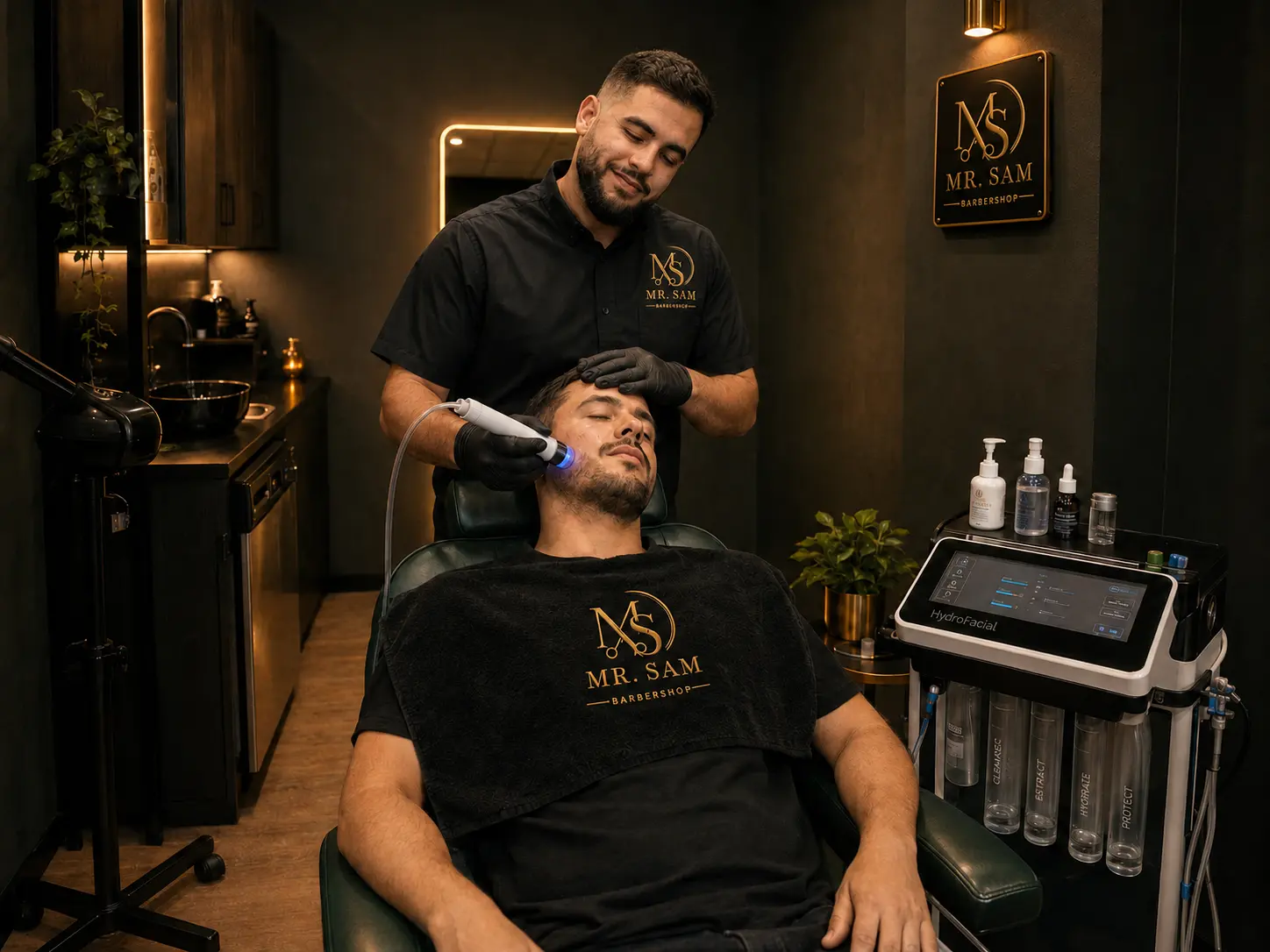 Mr. Sam performing a professional hydro facial treatment on a relaxed male client.