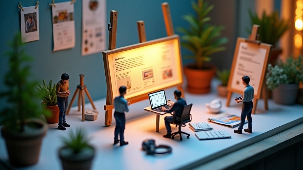 Tiny designers and founders building a sleek Framer website in a miniature studio scene.