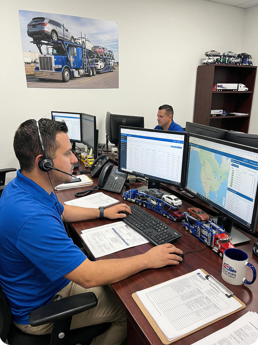 Two office workers focus on computer monitors displaying logistics data in an automotive transport company's office, with toy trucks and a wall poster of a car carrier truck emphasizing the transportation theme.