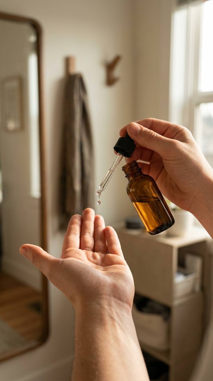 A hand holds an amber dropper bottle over an open palm in a hallway