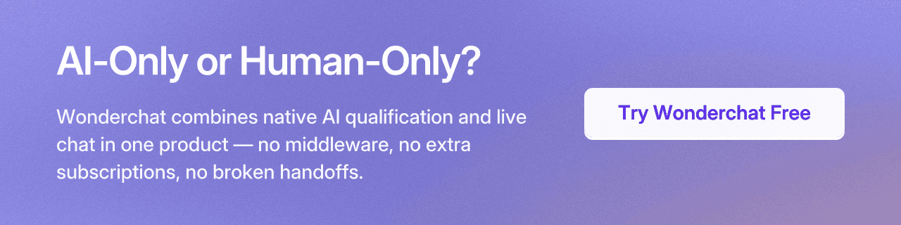 AI-Only or Human-Only? Wonderchat combines native AI qualification and live chat in one product — no middleware, no extra subscriptions, no broken handoffs. Try Wonderchat Free