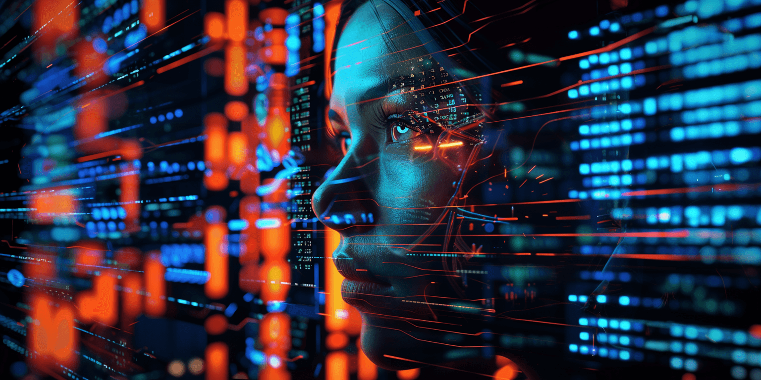 A person surrounded by tech style graphics like lines of code and different orange and blue lights