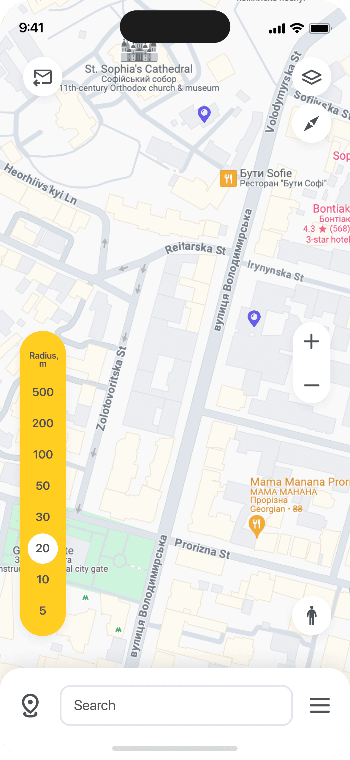 Map, radius selection