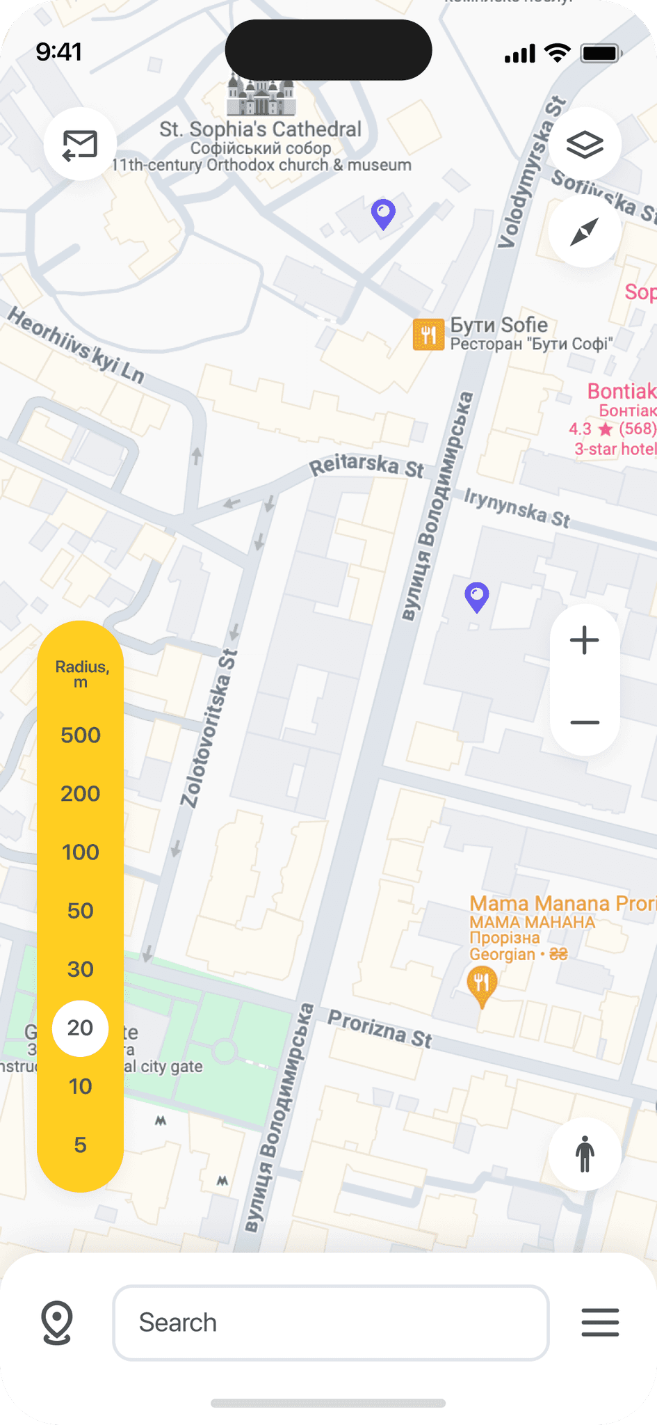 Map, radius selection