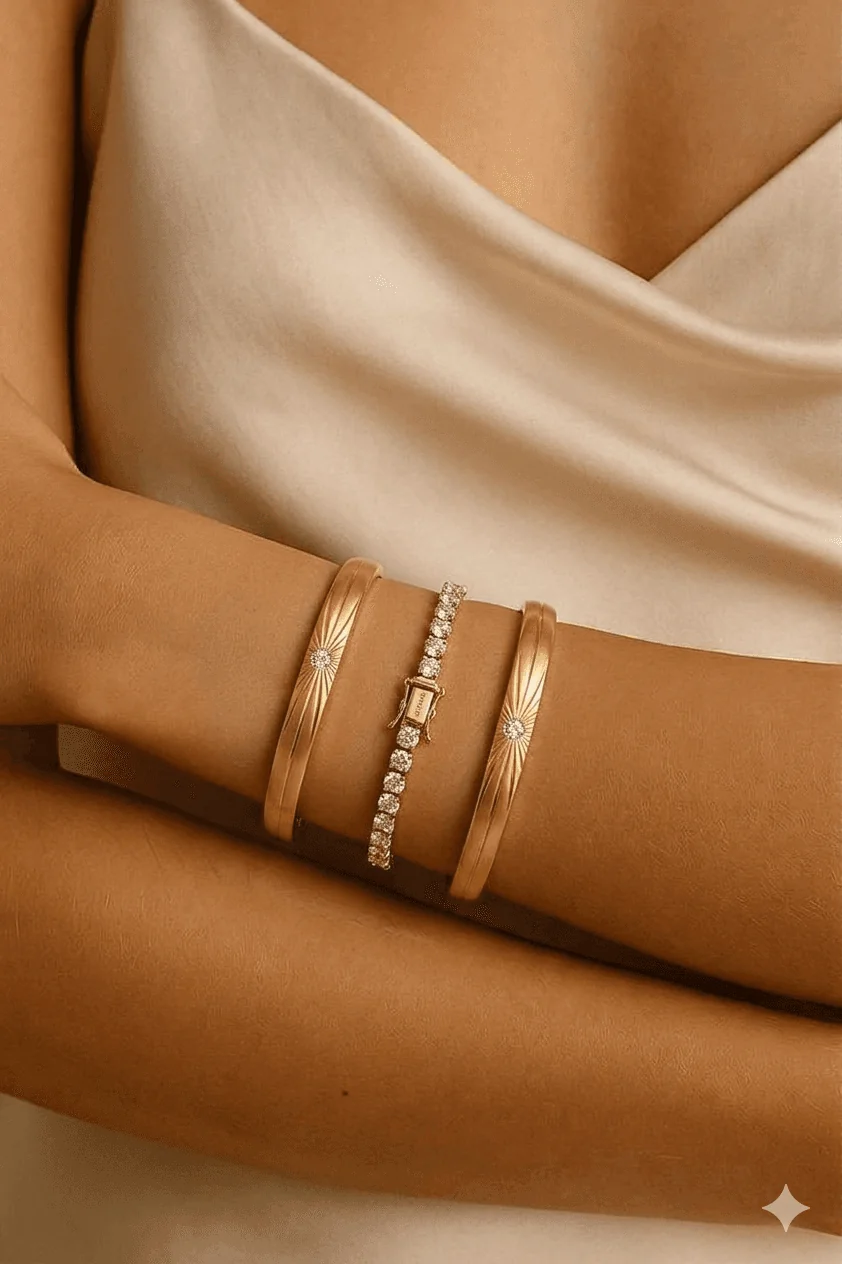 A person's arm is elegantly adorned with two sleek gold bangles and a sparkling diamond bracelet, all set against the backdrop of a silky, cream-colored fabric.