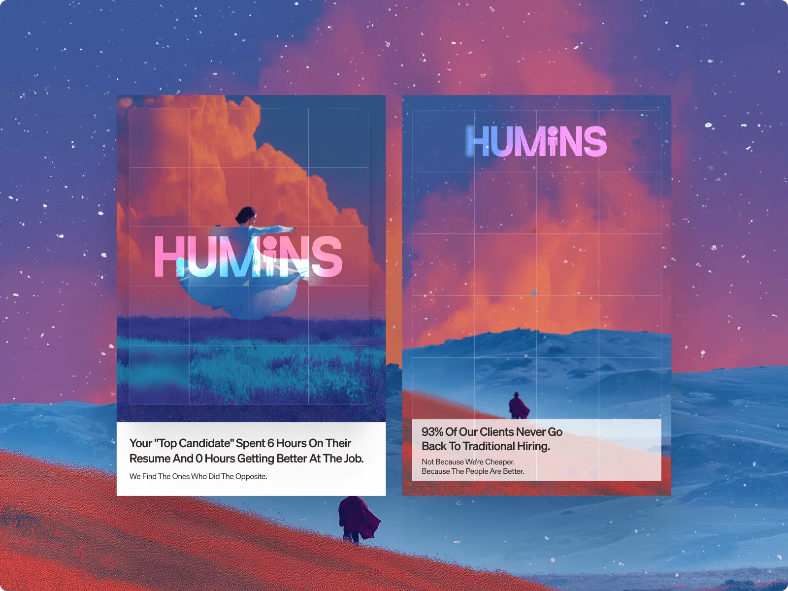 Graphic featuring two panels with colorful clouds and text boxes promoting a product or service.