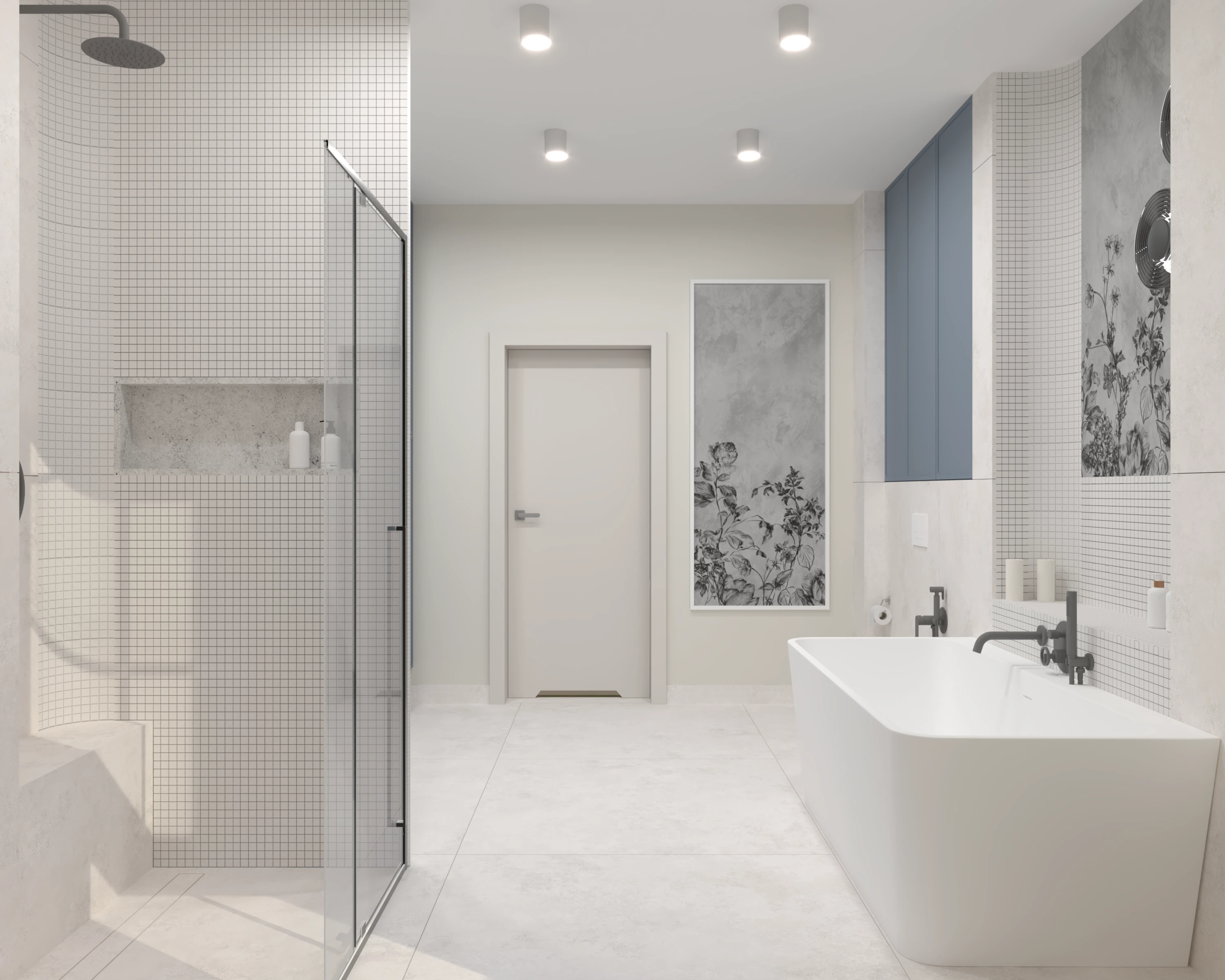 Szablon wizualizacji 3D wnętrza apartamentu pokazujący kuchnię, jadalnię i salon, przygotowany do aranżacji.