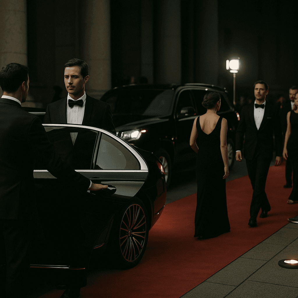 Professional chauffeur opening a car door on a red carpet for event guests or VIPs.