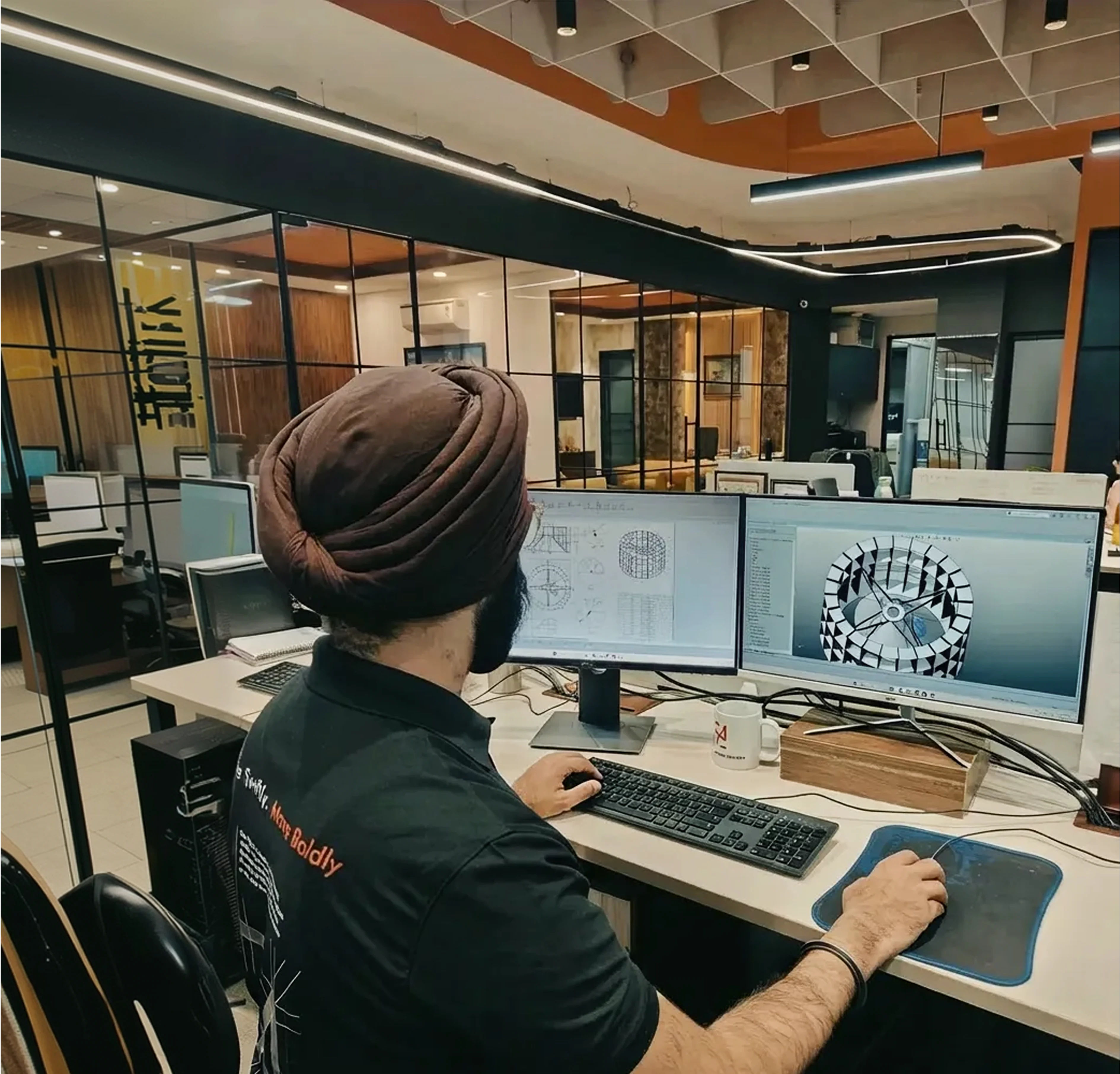 Blurry cityscape with tall buildings at night.