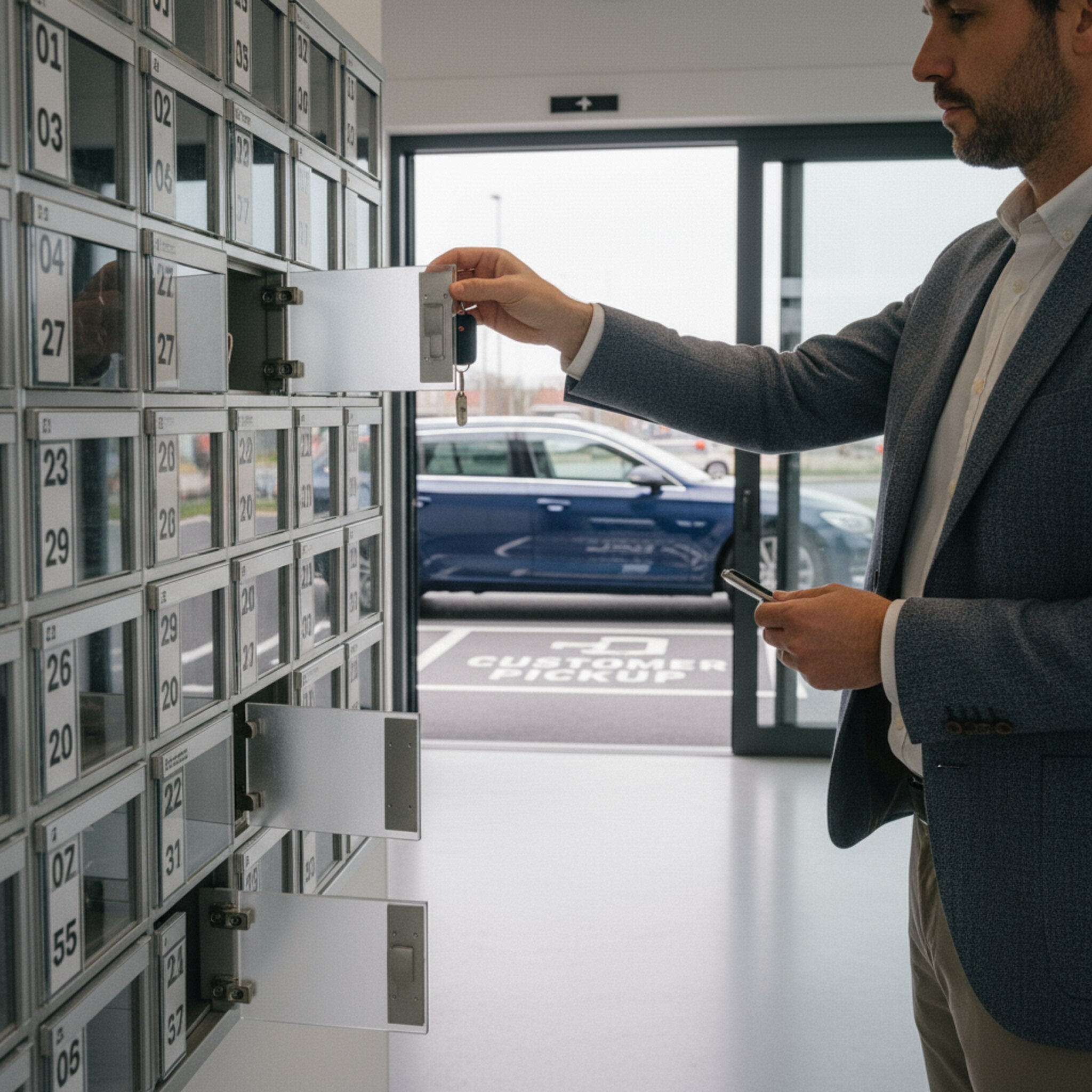 Neben einem Schlüsseltresor an der Wand steckt eine Person einen Schlüsselbund in ein nummeriertes Fach und schließt die Klappe. Im Hintergrund wartet ein Kombi in einer klar markierten Abholzone. Die Bewegung ist routiniert, der Bereich wirkt sauber und aufgeräumt.