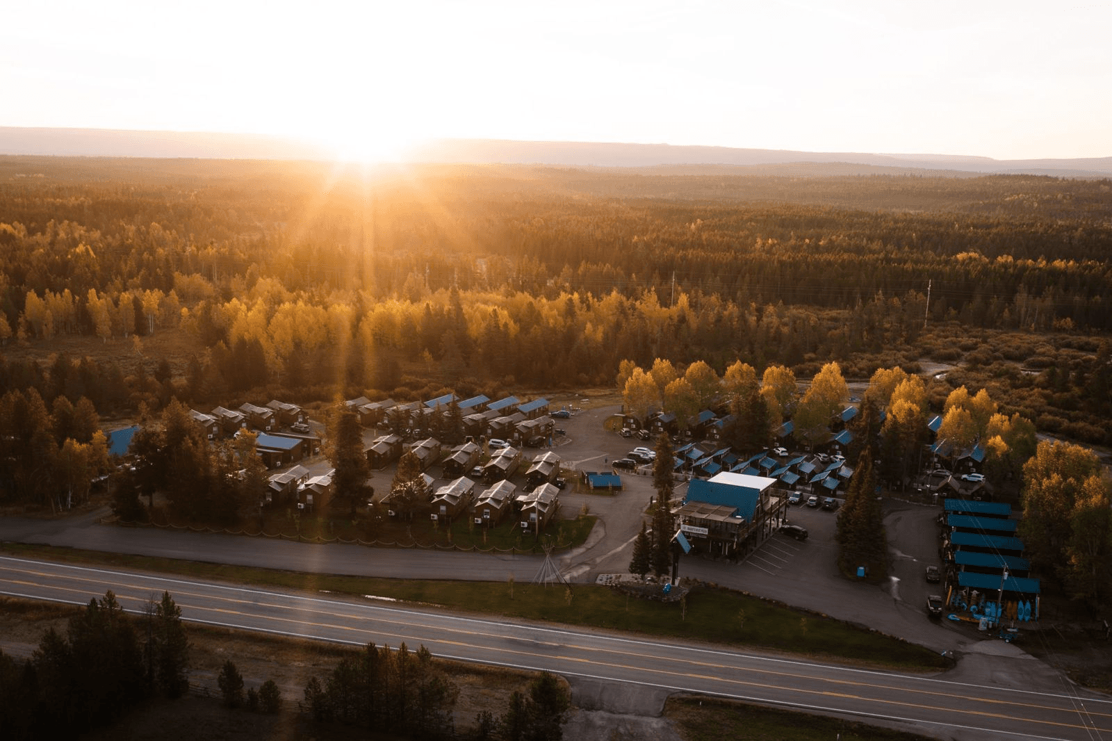 Blue Buffalo Resort Cabins from above, showing the entire resort's location near Yellowstone National Park.
