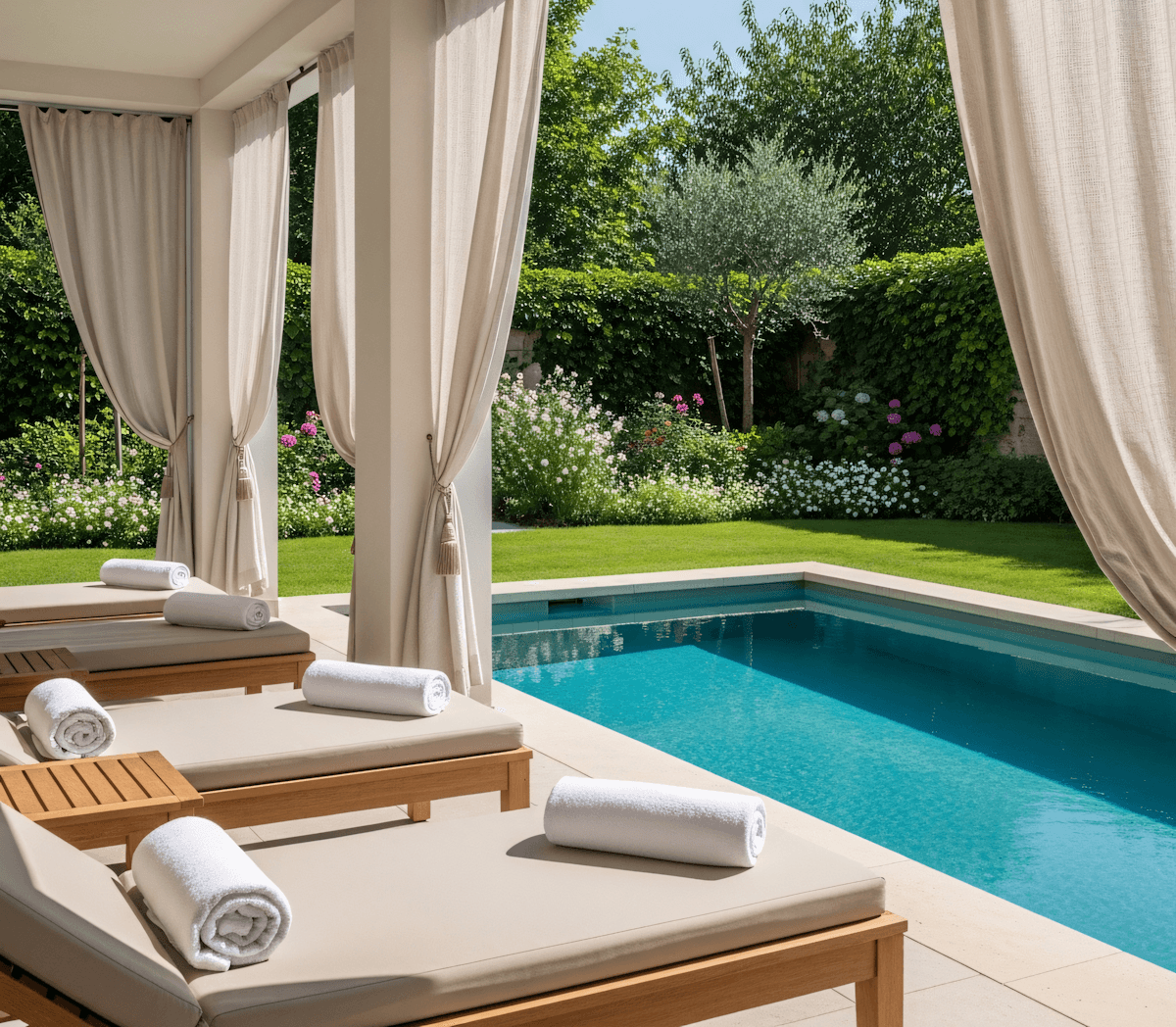 Luxury poolside lounge area with draped cabanas and sunbeds in a landscaped garden.