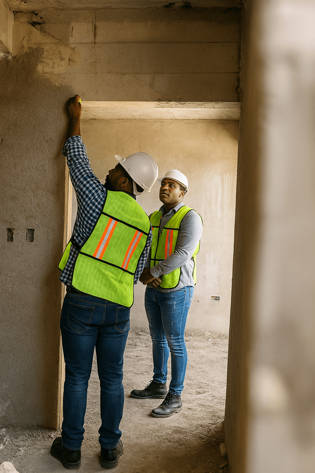 Deux ouvriers du bâtiment de l'entreprise d'Agenov portant des casques de sécurité et des gilets réfléchissants inspectent un chantier. L'un d'eux mesure un mur, illustrant la concentration et le travail d'équipe.