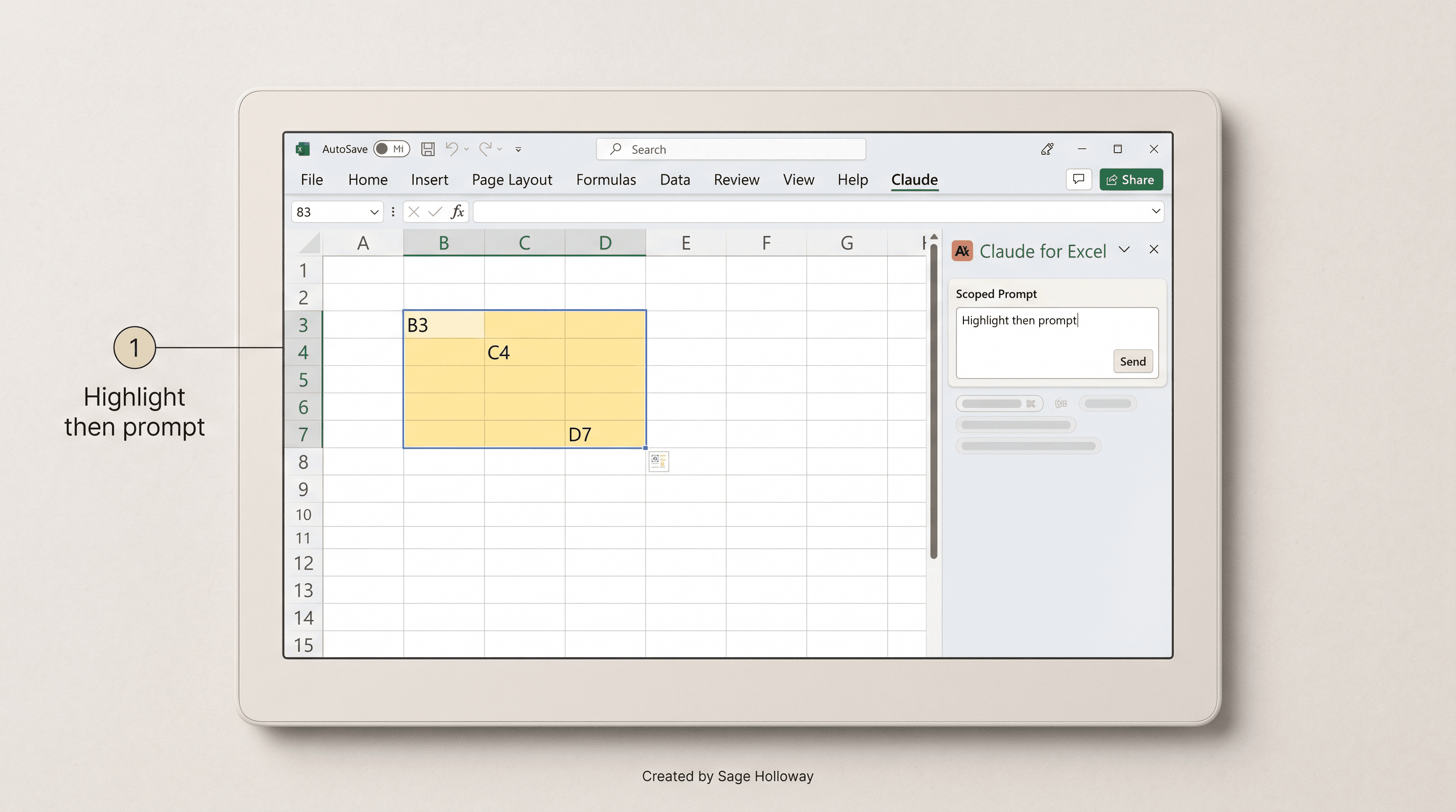 Teaching reconstruction of Claude for Excel sidebar with highlighted cell selection targeting