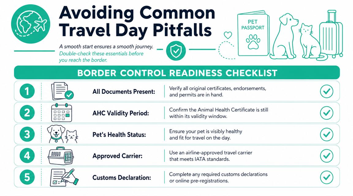 A checklist infographic titled Border Control Readiness Checklist for pet travel covering documents, health certificates, and carrier requirements.