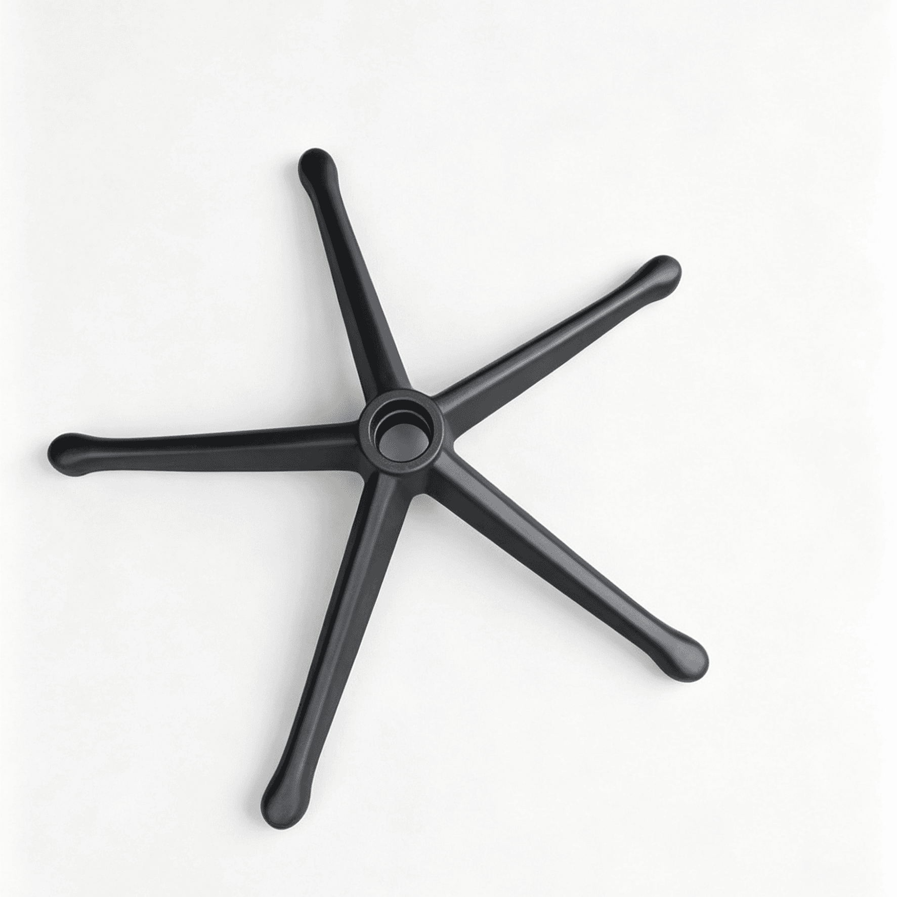 Top-down perspective of a matte black 5-star office chair base featuring slender, tapered legs with rounded bulb ends on a clean white background.