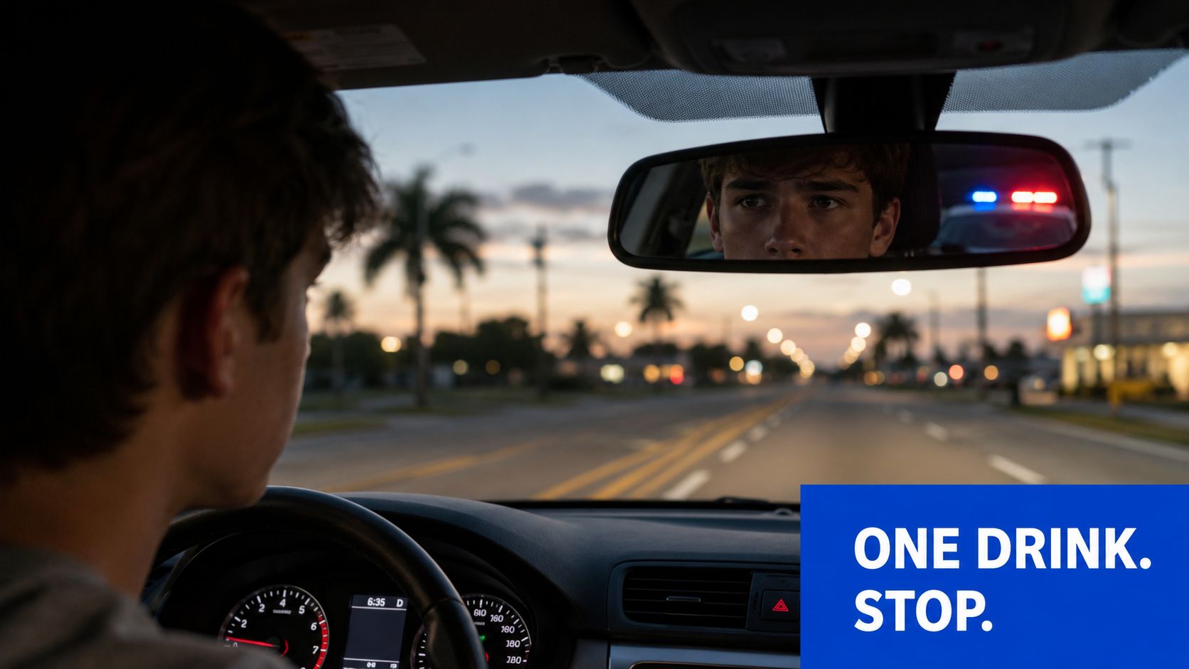 A young driver looks into his rearview mirror at police lights while driving at dusk.