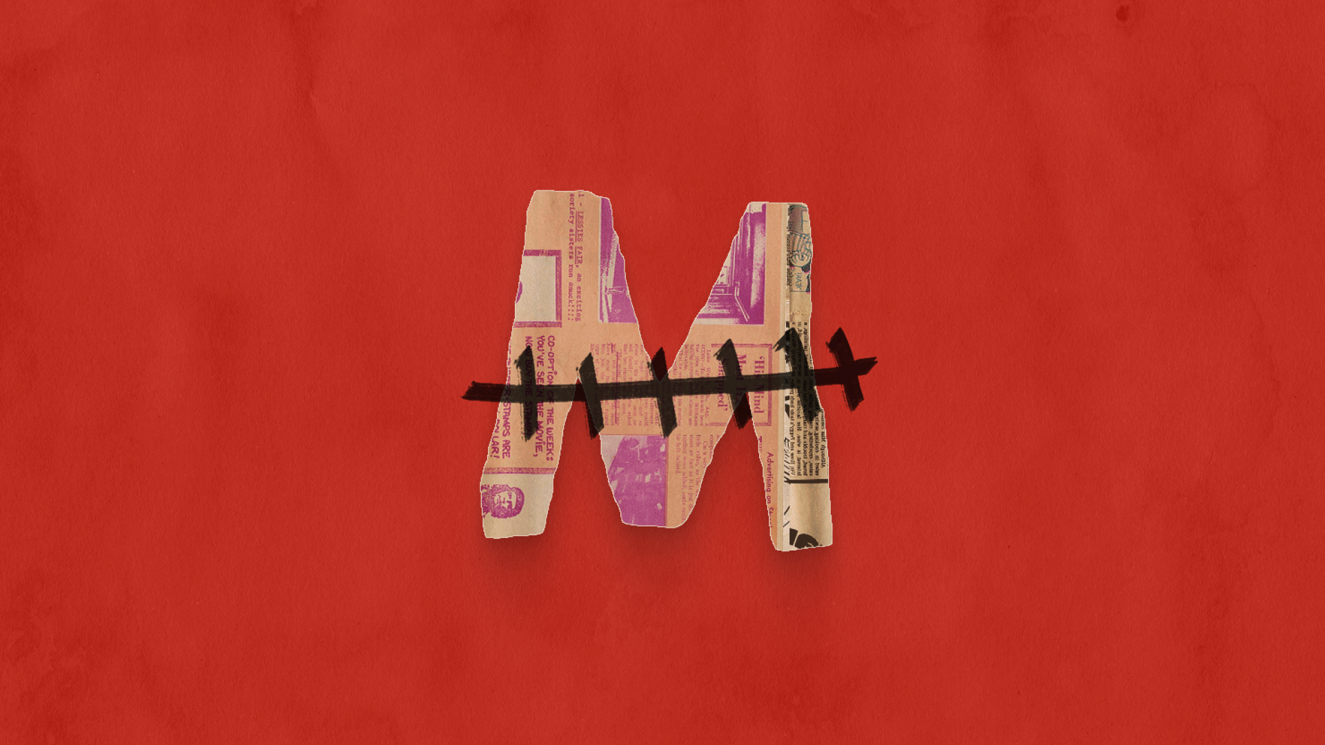 A collage-style letter “M” made from purple-and-white newspaper clippings on a solid red background, crossed by a black barbed-wire line.