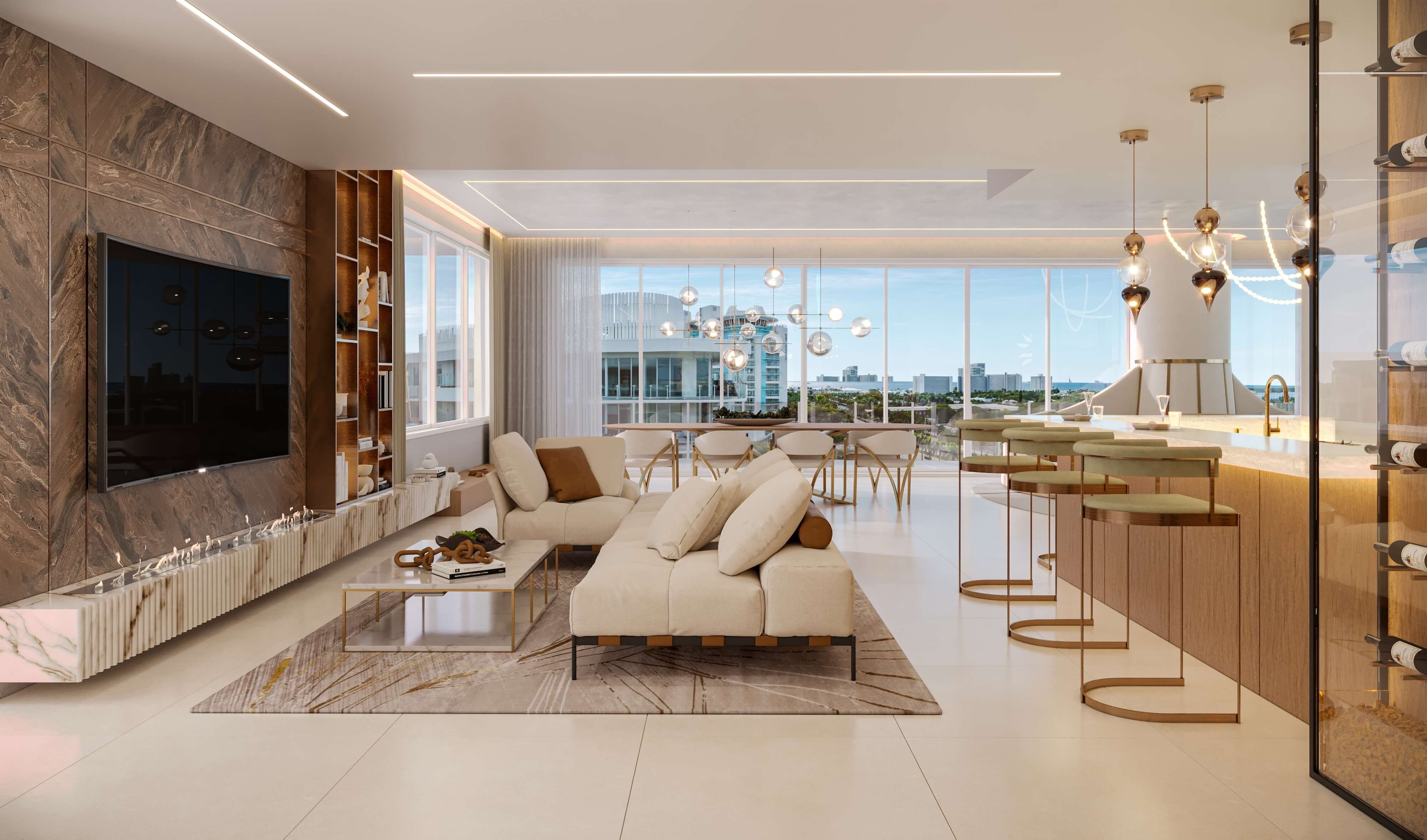 Luxury penthouse living room with stone media wall, modern bar seating, and open waterfront views.