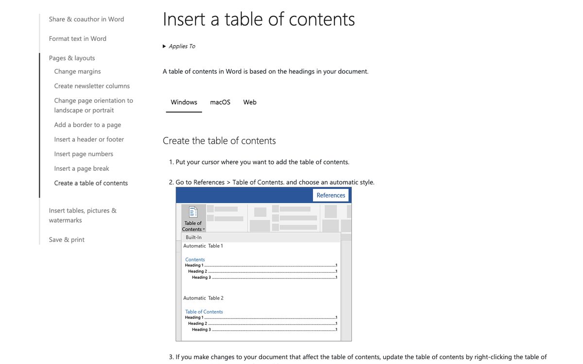 Microsoft’s support page Insert a table of contents, showing References, then Table of Contents, and the automatic table styles in Word