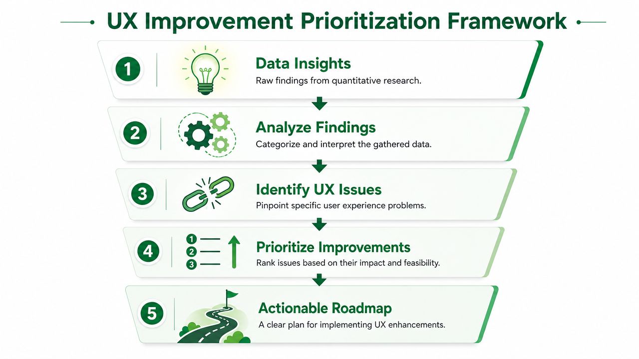A five-step funnel infographic outlining the UX improvement prioritization framework, from data insights to an actionable roadmap.